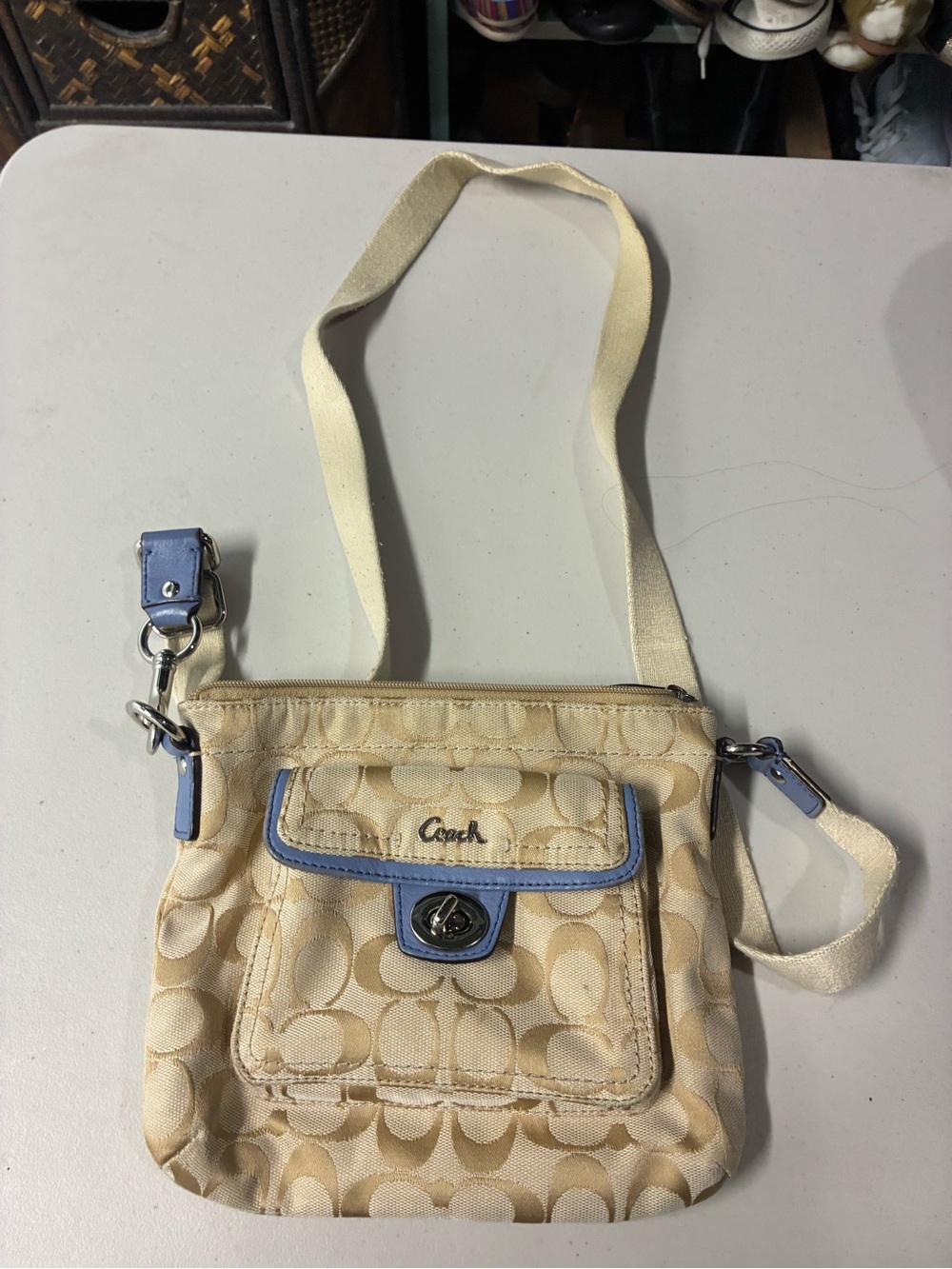 Coach Beige Signature Crossbody with Light Blue Trim